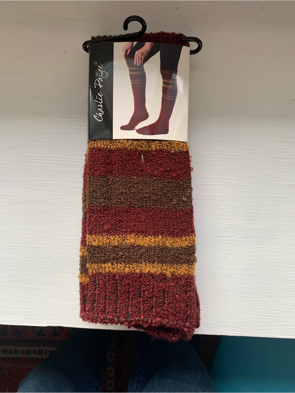 Charlie Paige Striped Knee-High Socks in Burgundy, Brown & Mustard